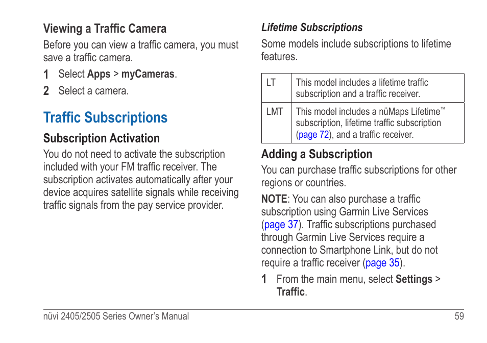 Traffic subscriptions | Garmin nuvi 2595LT User Manual | Page 65 / 88
