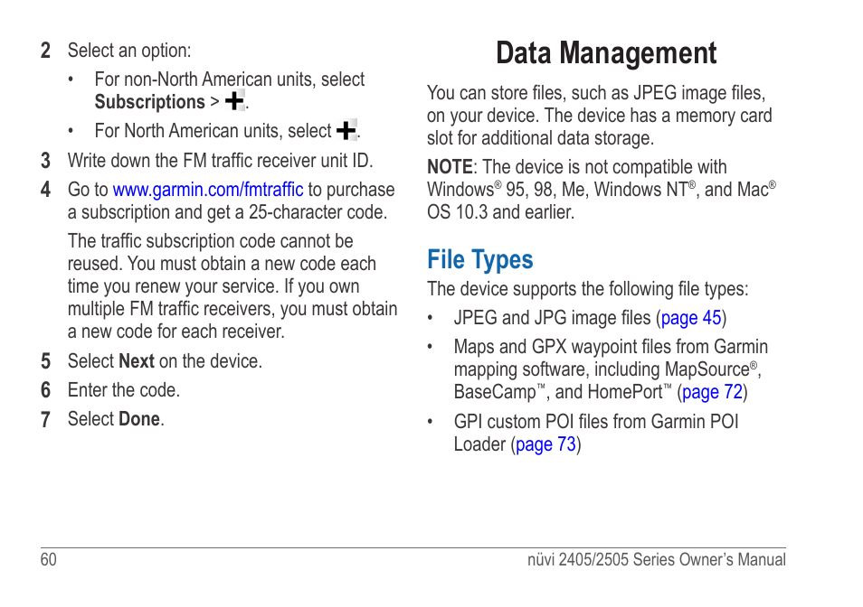 Data management, File types, Or on a memory card. see | For more | Garmin nuvi 2595LT User Manual | Page 66 / 88