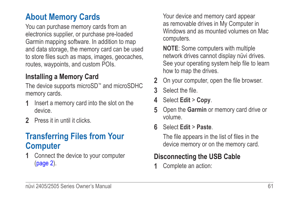 About memory cards, Transferring files from your computer | Garmin nuvi 2595LT User Manual | Page 67 / 88