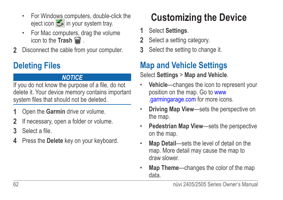 Deleting files, Customizing the device, Map and vehicle settings | Garmin nuvi 2595LT User Manual | Page 68 / 88