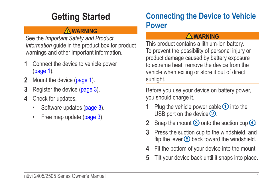 Getting started, Connecting the device to vehicle power | Garmin nuvi 2595LT User Manual | Page 7 / 88