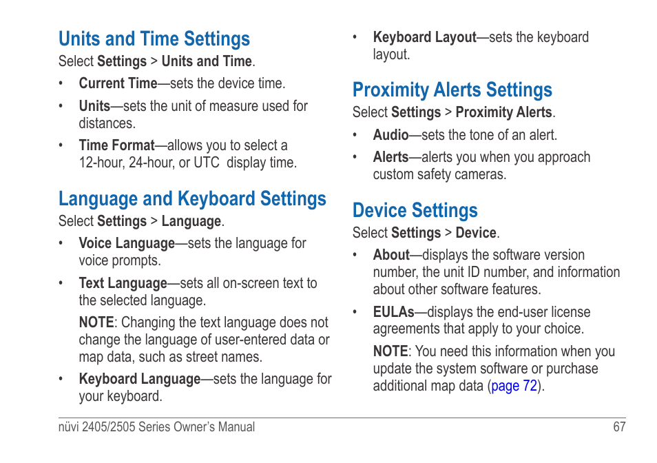 Units and time settings, Language and keyboard settings, Proximity alerts settings | Device settings | Garmin nuvi 2595LT User Manual | Page 73 / 88