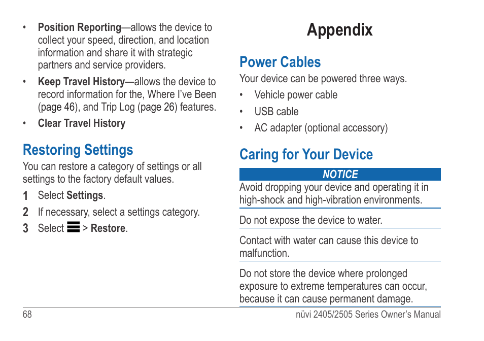 Restoring settings, Appendix, Power cables | Caring for your device | Garmin nuvi 2595LT User Manual | Page 74 / 88