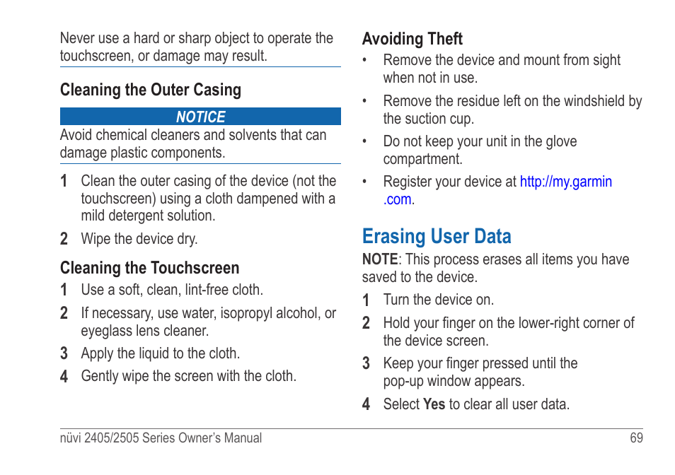 Erasing user data | Garmin nuvi 2595LT User Manual | Page 75 / 88