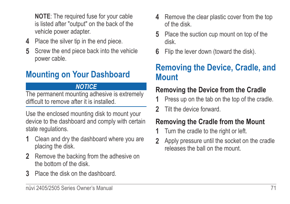 Mounting on your dashboard, Removing the device, cradle, and mount | Garmin nuvi 2595LT User Manual | Page 77 / 88