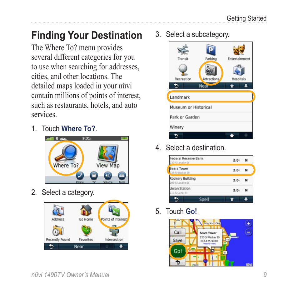 Finding your destination, Finding your your destination | Garmin nuvi 1490TV User Manual | Page 11 / 76