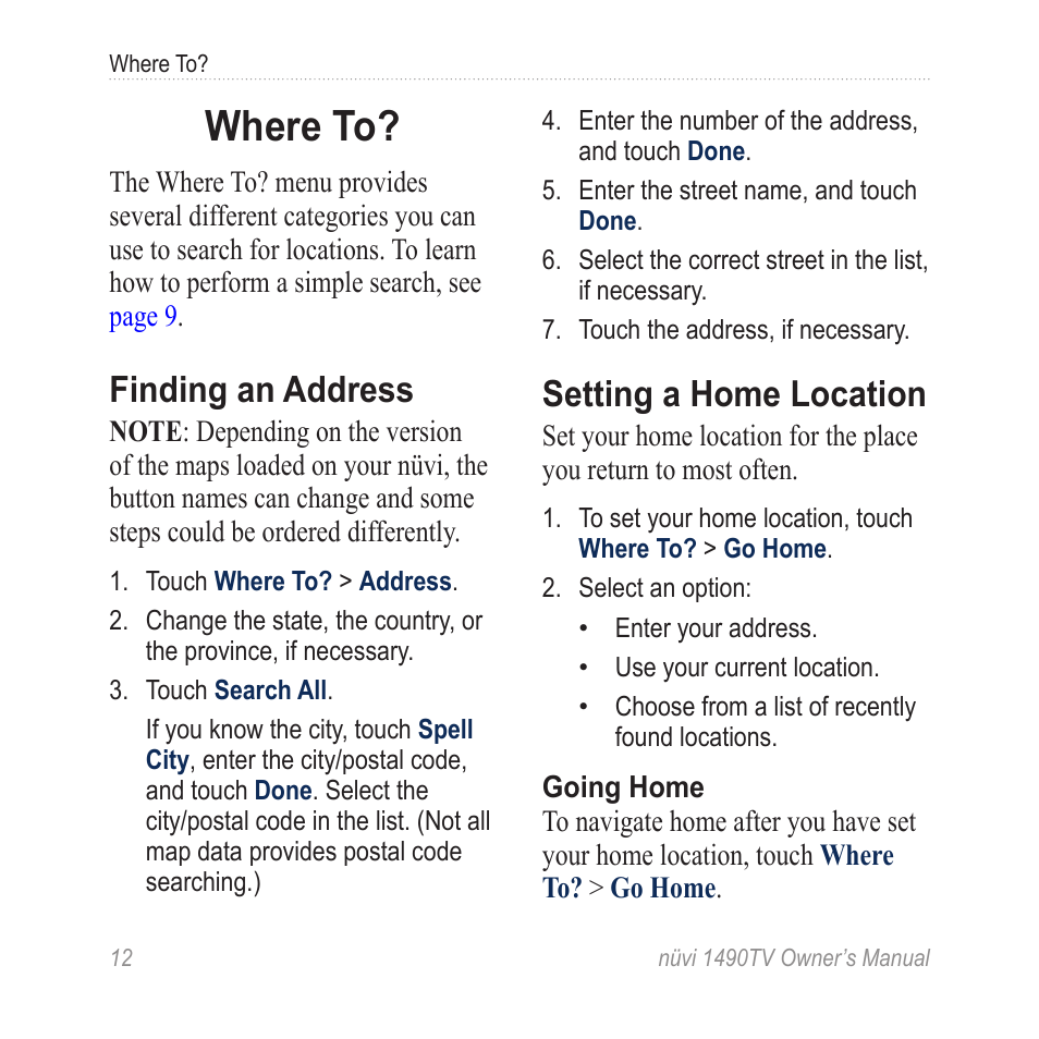 Where to, Finding an address, Setting a home location | Garmin nuvi 1490TV User Manual | Page 14 / 76