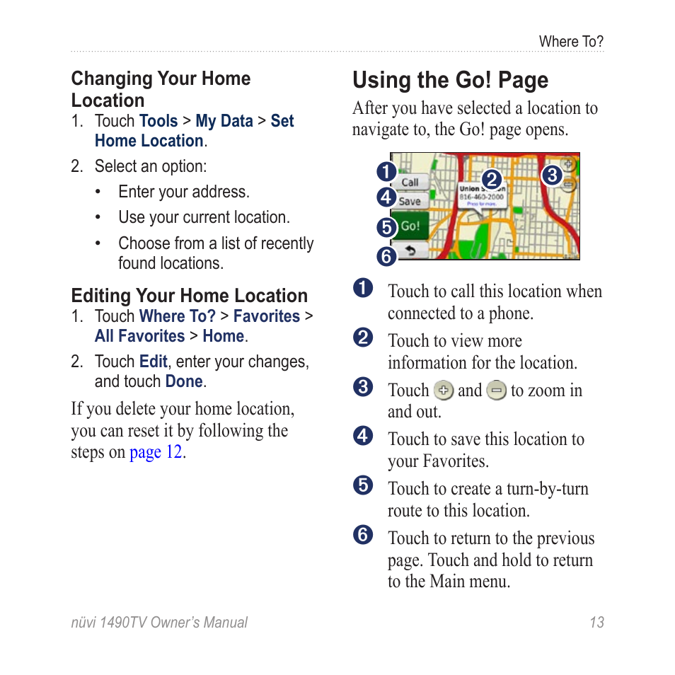 Using the go! page | Garmin nuvi 1490TV User Manual | Page 15 / 76