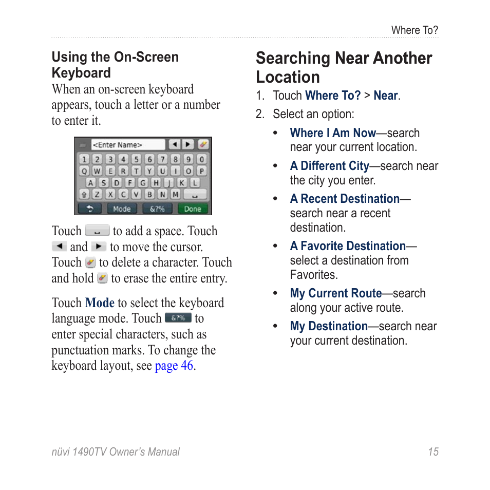 Searching near another location, Searching near another, Location | Searching near another near another location | Garmin nuvi 1490TV User Manual | Page 17 / 76