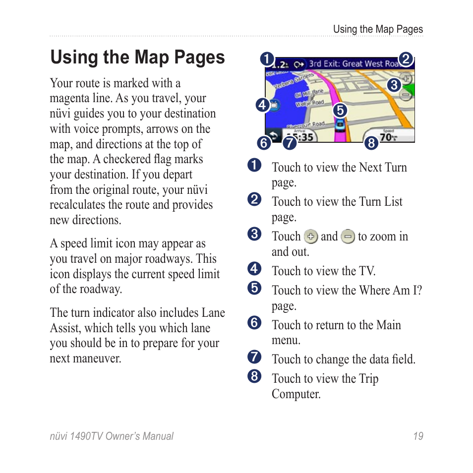 Using the map pages | Garmin nuvi 1490TV User Manual | Page 21 / 76