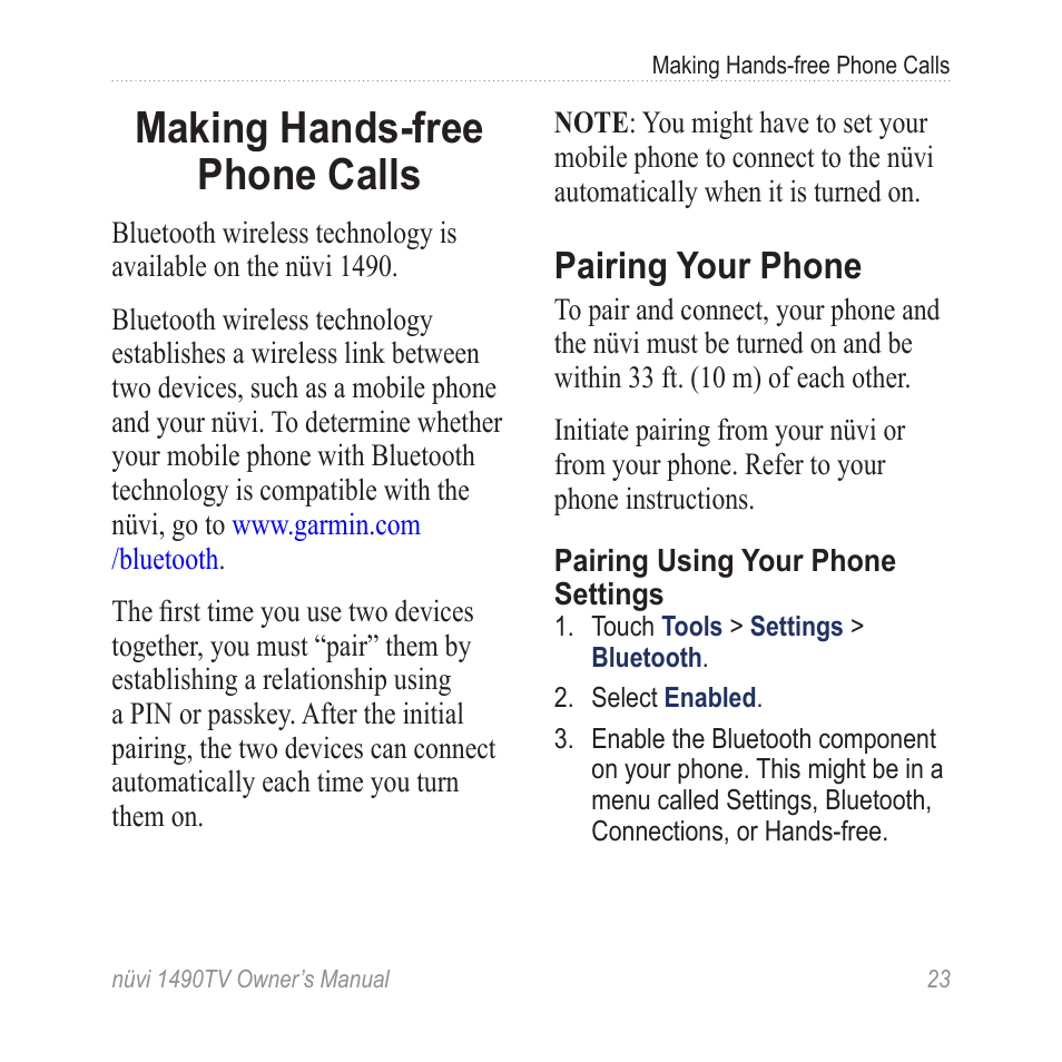 Making hands-free phone calls, Pairing your phone, Making hands-free phone | Calls | Garmin nuvi 1490TV User Manual | Page 25 / 76