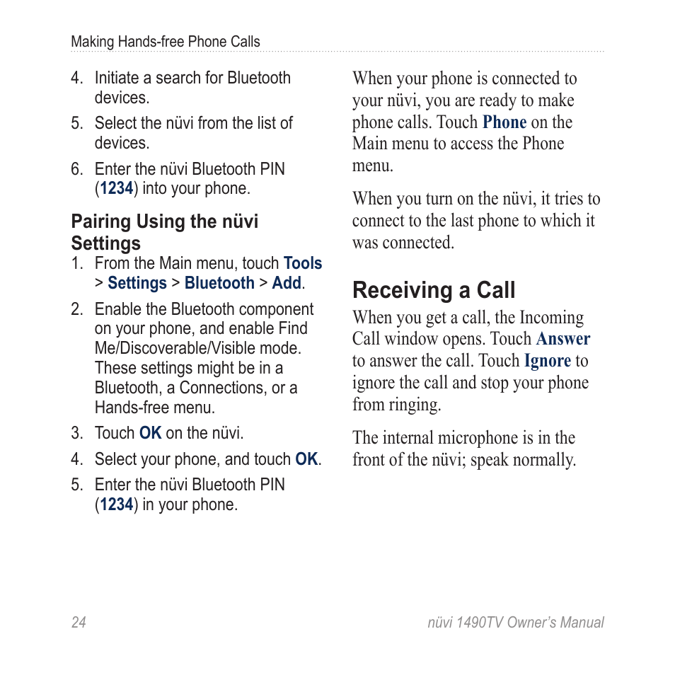 Receiving a call | Garmin nuvi 1490TV User Manual | Page 26 / 76