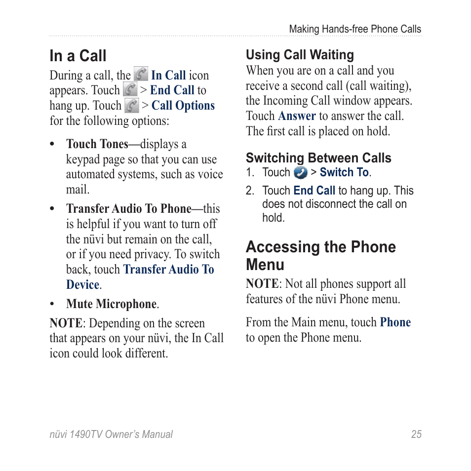 In a call, Accessing the phone menu | Garmin nuvi 1490TV User Manual | Page 27 / 76