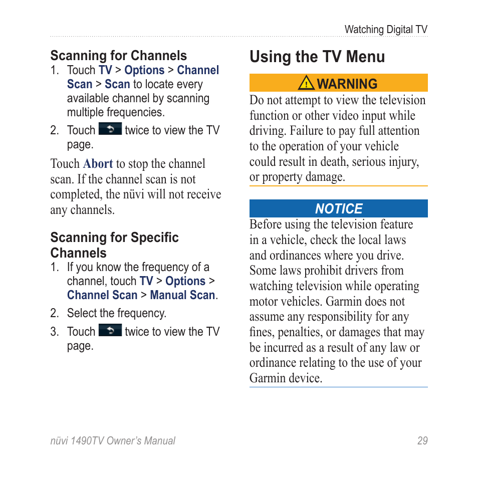 Using the tv menu | Garmin nuvi 1490TV User Manual | Page 31 / 76