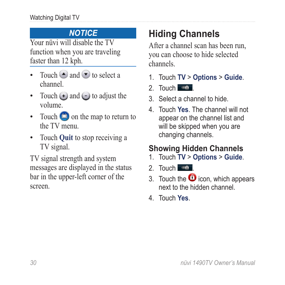 Hiding channels | Garmin nuvi 1490TV User Manual | Page 32 / 76