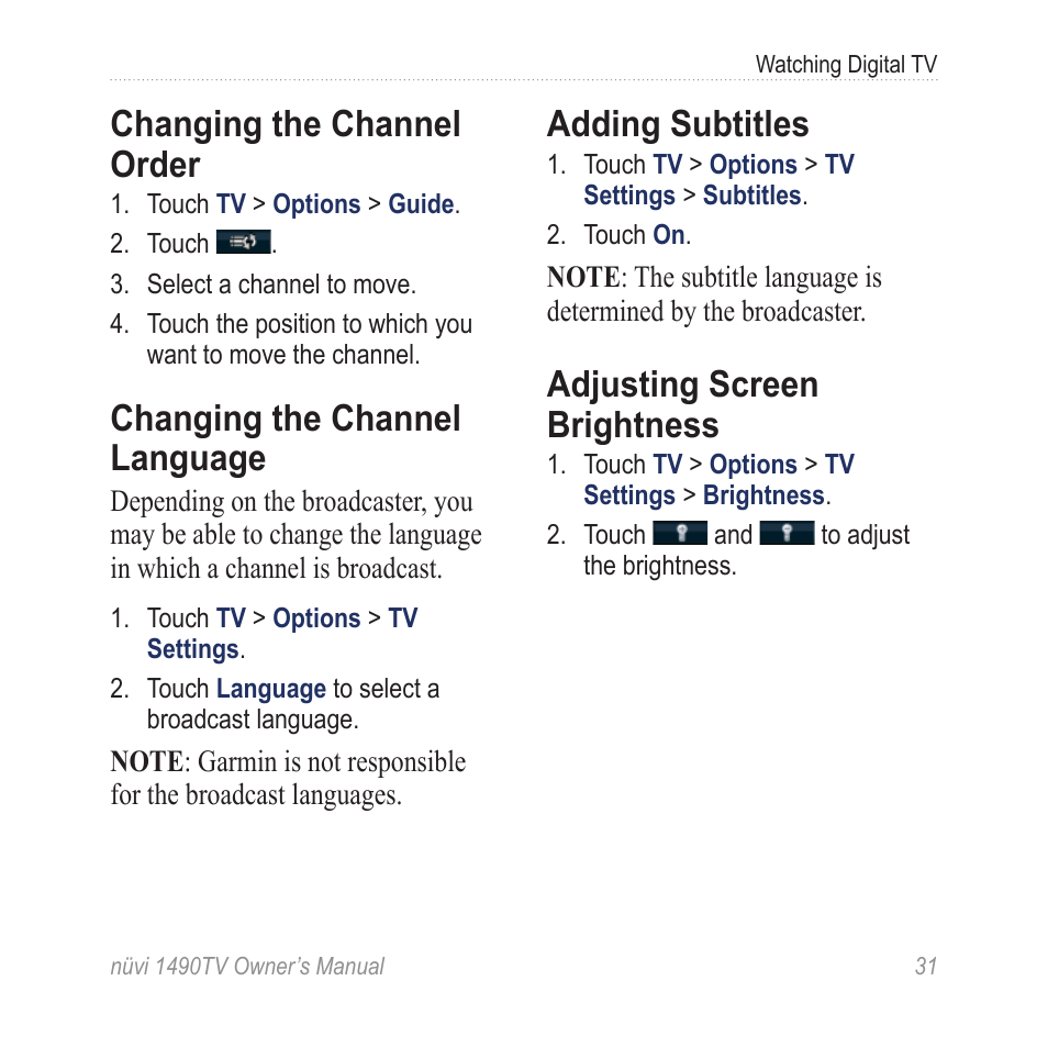 Changing the channel order, Changing the channel language, Adding subtitles | Adjusting screen brightness, Changing the channel, Language | Garmin nuvi 1490TV User Manual | Page 33 / 76