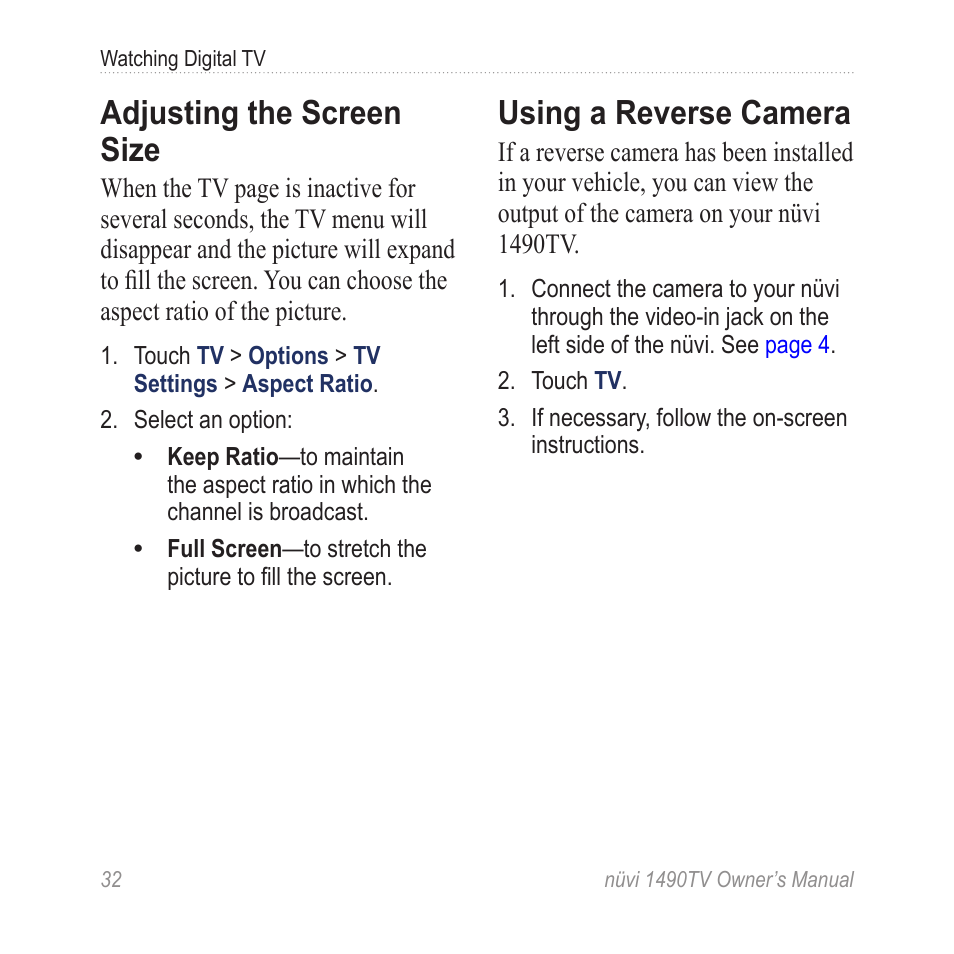 Adjusting the screen size, Using a reverse camera | Garmin nuvi 1490TV User Manual | Page 34 / 76