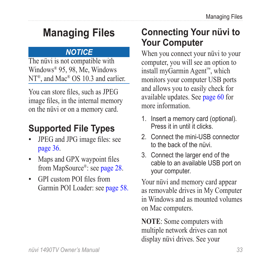 Managing files, Supported file types, Connecting your nüvi to your computer | Connecting your nüvi to your, Computer | Garmin nuvi 1490TV User Manual | Page 35 / 76