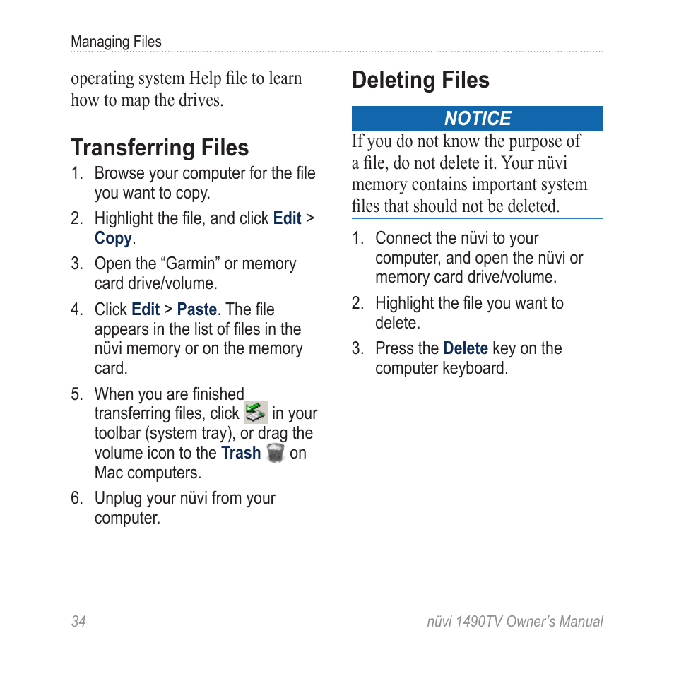 Transferring files, Deleting files | Garmin nuvi 1490TV User Manual | Page 36 / 76