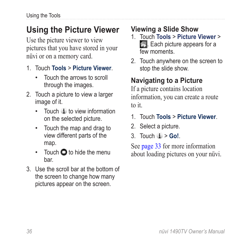 Using the picture viewer | Garmin nuvi 1490TV User Manual | Page 38 / 76