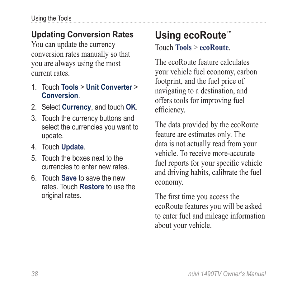 Using ecoroute | Garmin nuvi 1490TV User Manual | Page 40 / 76