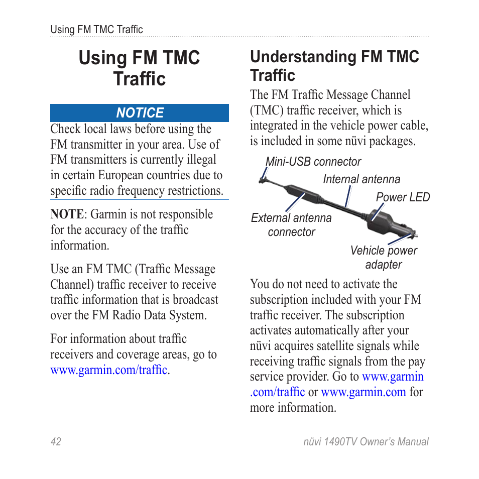 Using fm tmc traffic, Understanding fm tmc traffic, Understanding fm tmc | Traffic | Garmin nuvi 1490TV User Manual | Page 44 / 76