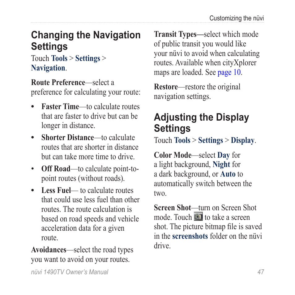 Changing the navigation settings, Adjusting the display settings, Changing the navigation | Settings | Garmin nuvi 1490TV User Manual | Page 49 / 76