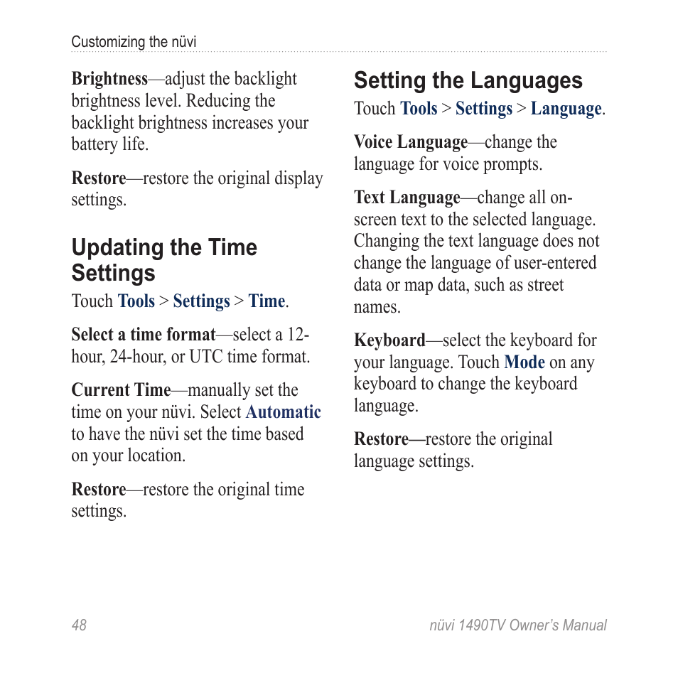 Updating the time settings, Setting the languages | Garmin nuvi 1490TV User Manual | Page 50 / 76