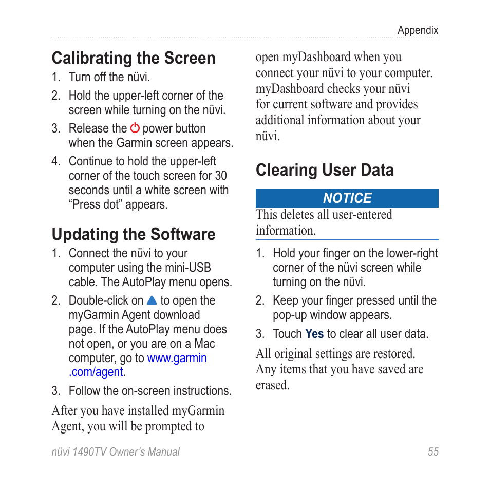 Calibrating the screen, Updating the software, Clearing user data | Garmin nuvi 1490TV User Manual | Page 57 / 76