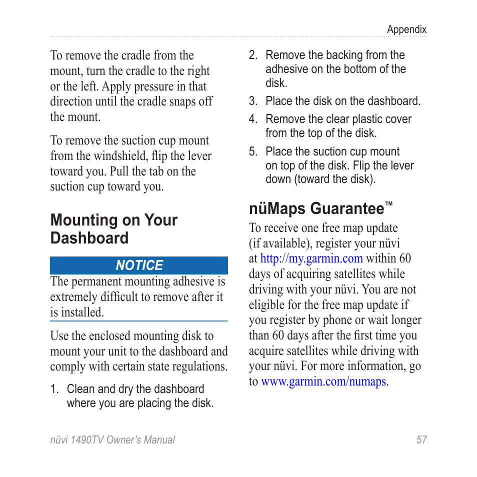 Mounting on your dashboard, Nümaps guarantee, Mounting on your | Dashboard | Garmin nuvi 1490TV User Manual | Page 59 / 76