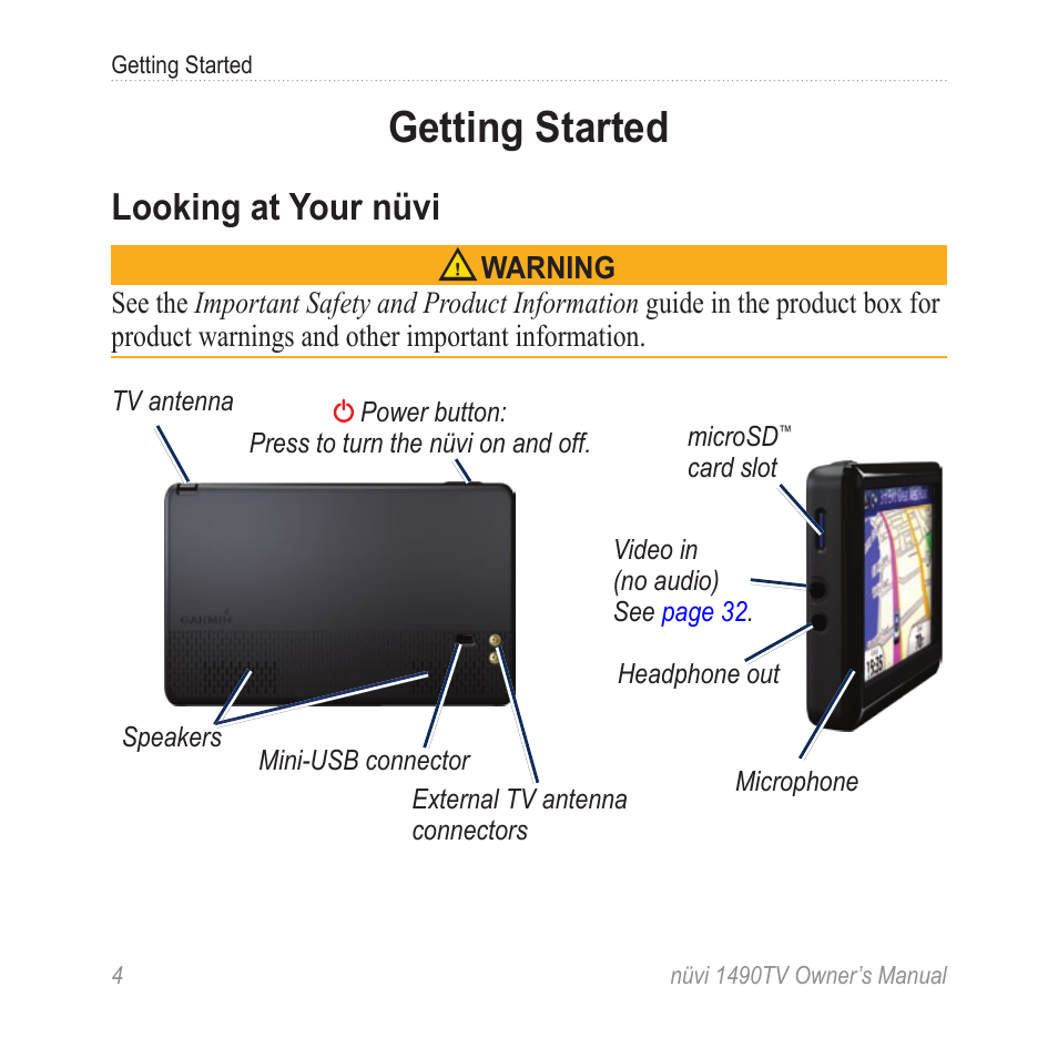 Getting started, Looking at your nüvi | Garmin nuvi 1490TV User Manual | Page 6 / 76