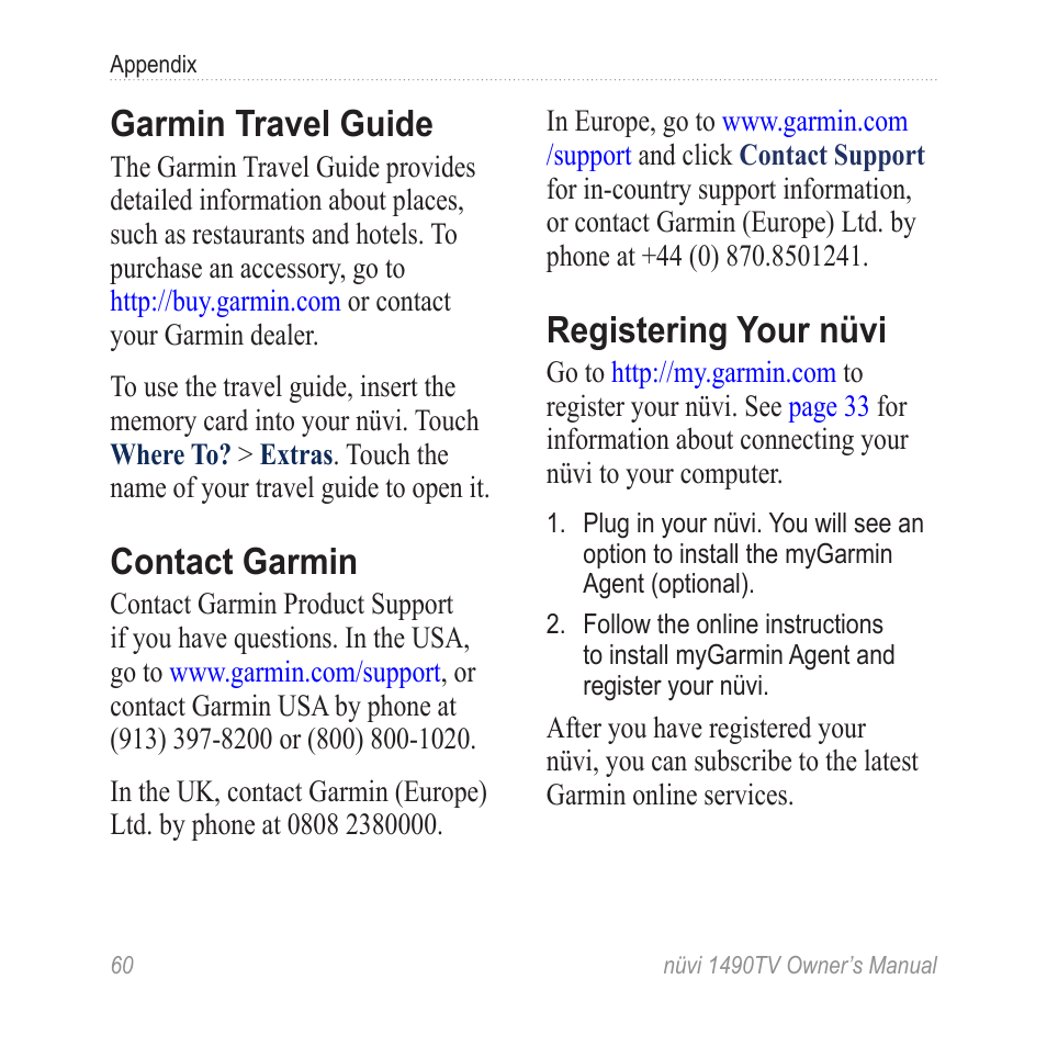 Garmin travel guide, Contact garmin, Registering your nüvi | Garmin nuvi 1490TV User Manual | Page 62 / 76