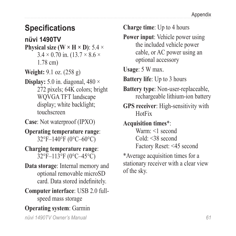 Specifications | Garmin nuvi 1490TV User Manual | Page 63 / 76