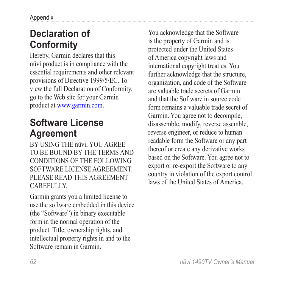 Declaration of conformity, Software license agreement | Garmin nuvi 1490TV User Manual | Page 64 / 76