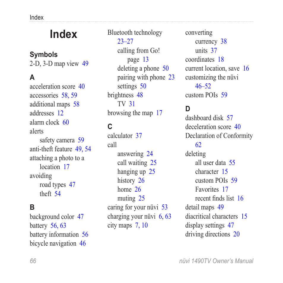 Index | Garmin nuvi 1490TV User Manual | Page 68 / 76