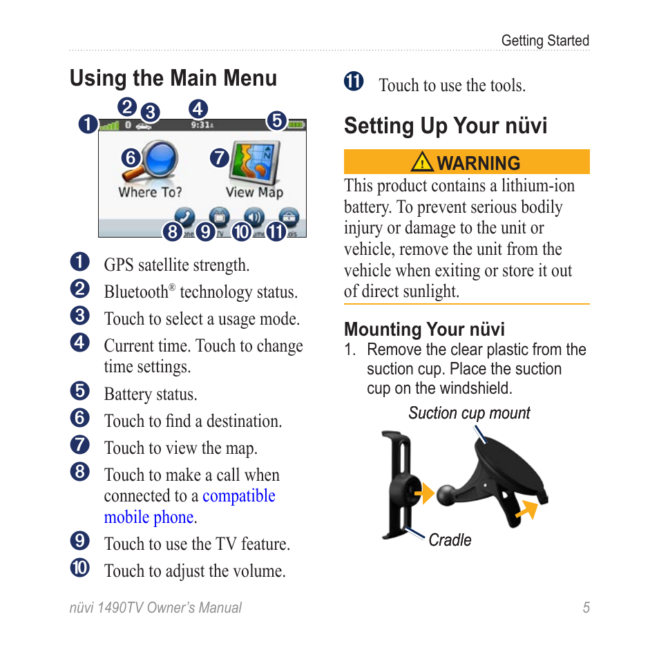 Using the main menu, Setting up your nüvi | Garmin nuvi 1490TV User Manual | Page 7 / 76