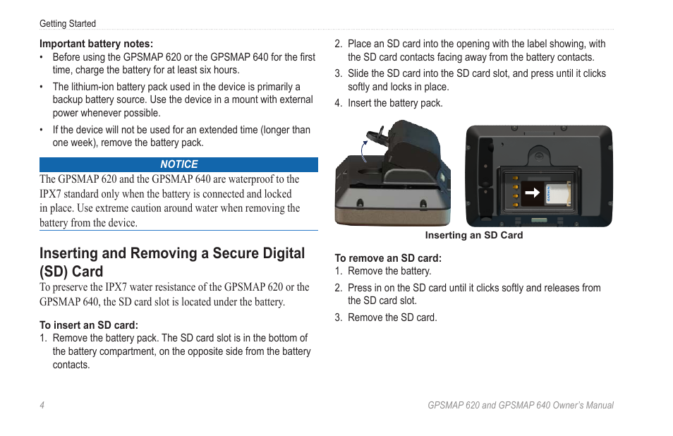 Inserting and removing a secure digital (sd) card | Garmin GPSMAP 640 User Manual | Page 10 / 84