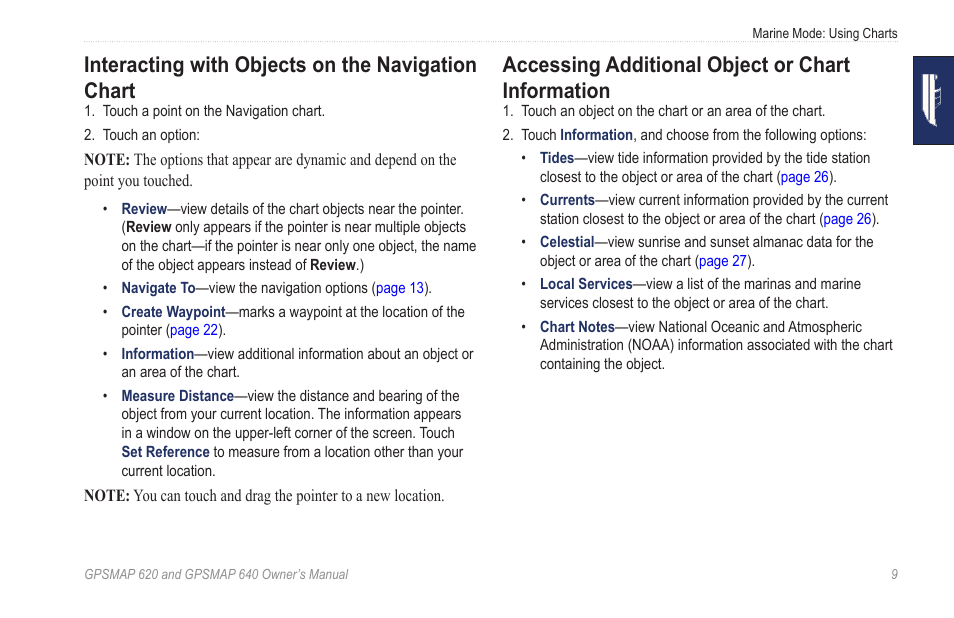 Interacting with objects on the navigation chart, Accessing additional object or chart information | Garmin GPSMAP 640 User Manual | Page 15 / 84