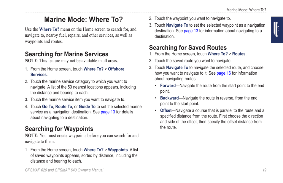 Marine mode: where to, Searching for marine services, Searching for waypoints | Searching for saved routes | Garmin GPSMAP 640 User Manual | Page 25 / 84