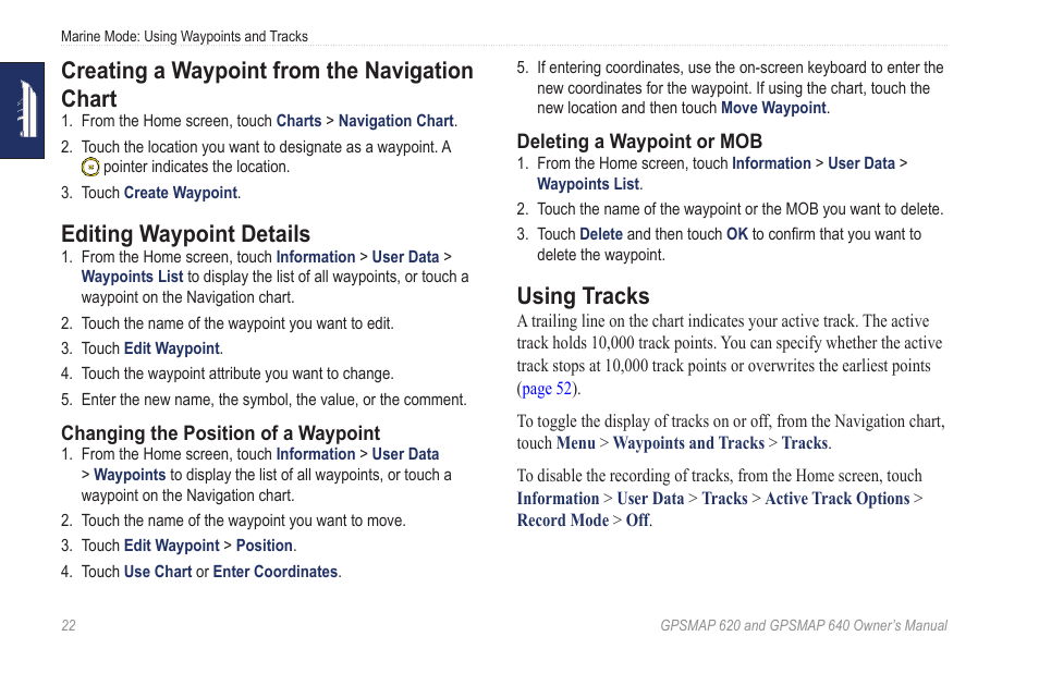 Creating a waypoint from the navigation chart, Editing waypoint details, Using tracks | For more information about tracks | Garmin GPSMAP 640 User Manual | Page 28 / 84