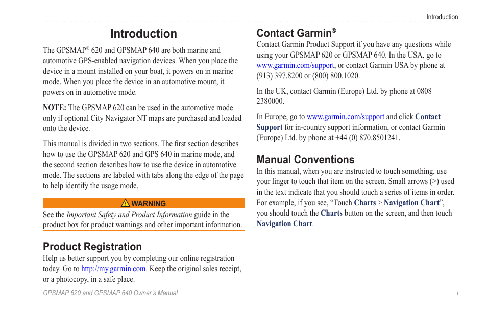 Introduction, Product registration, Contact garmin | Manual conventions | Garmin GPSMAP 640 User Manual | Page 3 / 84