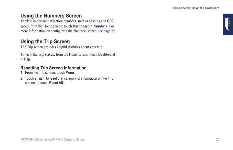 Using the numbers screen, Using the trip screen | Garmin GPSMAP 640 User Manual | Page 31 / 84