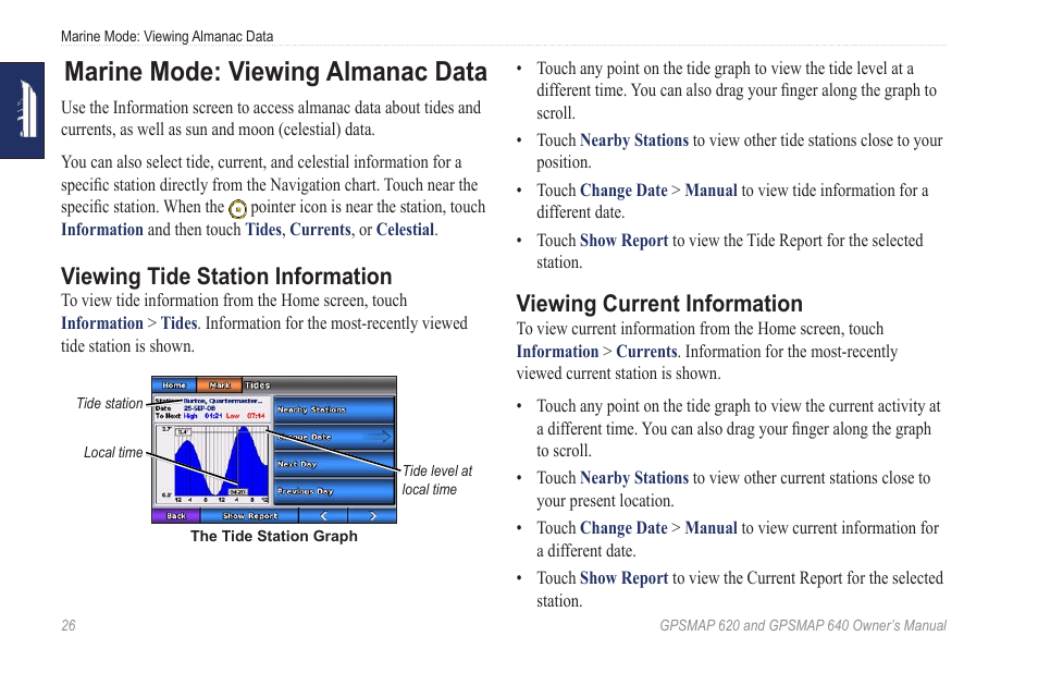 Marine mode: viewing almanac data, Viewing tide station information, Viewing current information | Garmin GPSMAP 640 User Manual | Page 32 / 84