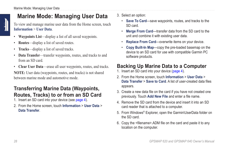 Marine mode: managing user data, Backing up marine data to a computer, To or from an sd card | Garmin GPSMAP 640 User Manual | Page 34 / 84