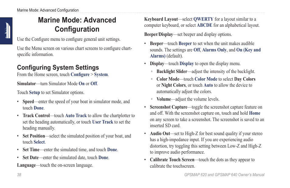 Marine mode: advanced configuration, Configuring system settings | Garmin GPSMAP 640 User Manual | Page 44 / 84