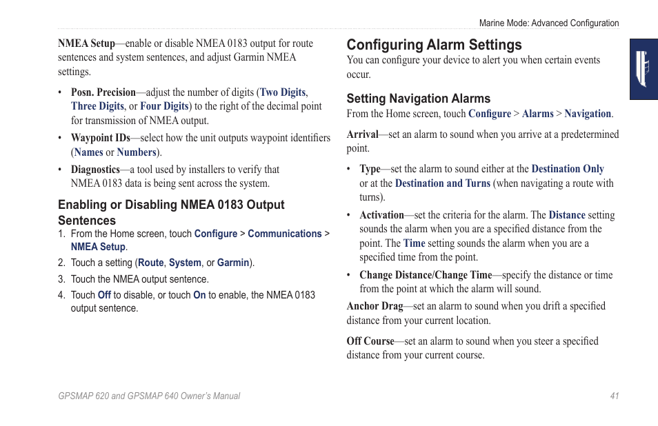 Configuring alarm settings | Garmin GPSMAP 640 User Manual | Page 47 / 84