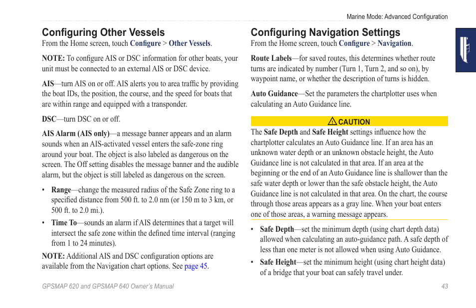 Configuring other vessels, Configuring navigation settings | Garmin GPSMAP 640 User Manual | Page 49 / 84