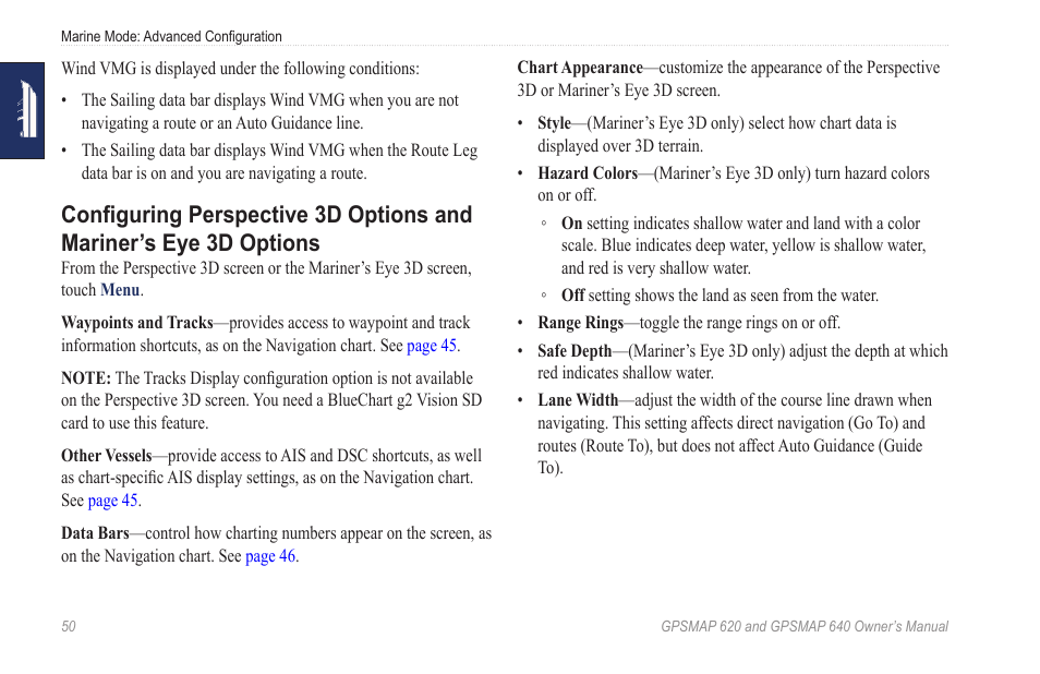 Configuring perspective 3d options and, Mariner’s eye 3d options | Garmin GPSMAP 640 User Manual | Page 56 / 84