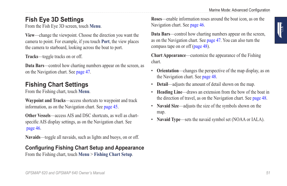 Fish eye 3d settings, Fishing chart settings | Garmin GPSMAP 640 User Manual | Page 57 / 84