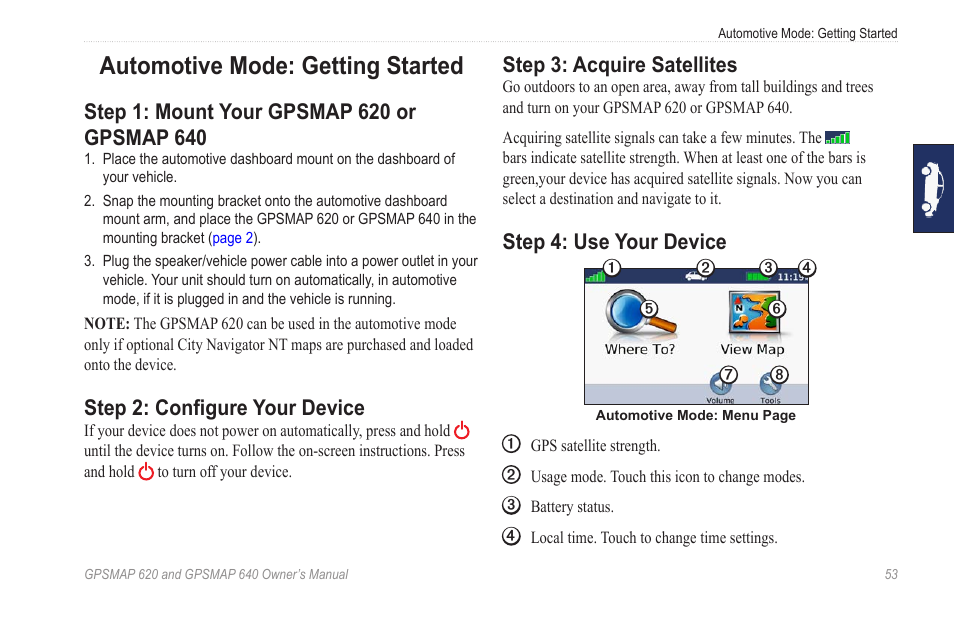 Automotive mode: getting started, Step 1: mount your gpsmap 620 or gpsmap 640, Step 2: configure your device | Step 3: acquire satellites, Step 4: use your device | Garmin GPSMAP 640 User Manual | Page 59 / 84
